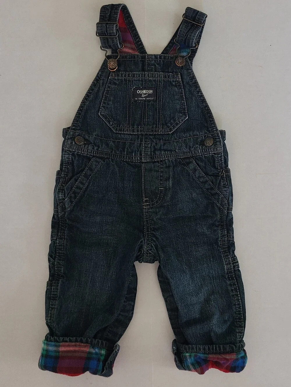 VTG Oshkosh B'gosh Vestbak Dark Denim 12 Mo Overalls Flannel Lined Plaid
